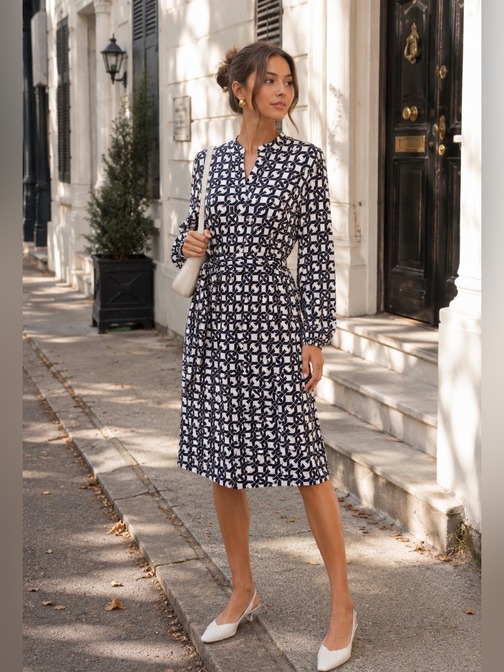 Laundry by Design Navy White Chain Link Print Belted Jersey Midi Dress Size M